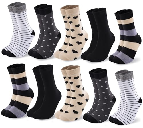 Cirorld 10 Paia Calze Donne Colorate Cotone 39-42, Medie Lunghe, Sport Comode, Invernali Transpiranti, Design a Strisce & Polka