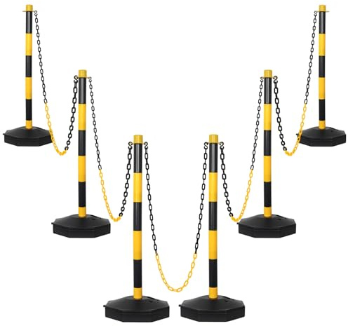 SHAREWIN 35 Parking Delineator Stanchion with Base - Post Traffic Cone, Reflective Collar Black, Yellow - Chain Barriers for Construction, Crowd Control, Events, Road Warning (6-Pack)