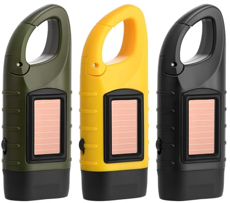 Lot de 3 lampes de poche LED à remonter, à manivelle et à énergie solaire avec mousqueton, lampe de poche d'urgence super lumineuse de 10 m, lampes de poche de camping portables pour randonnée