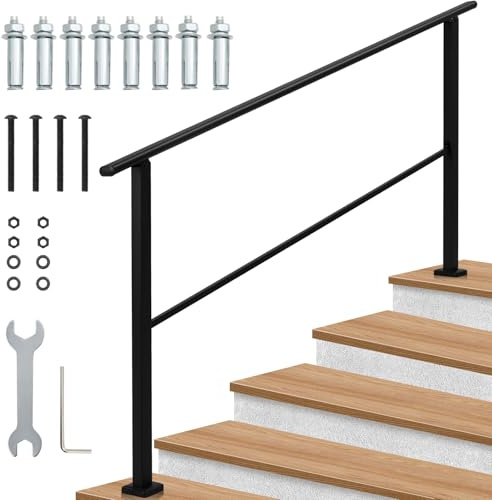 Adjustable Outdoor Stair Handrail, Suitable for 1-5 Steps. Black Metal Handrail with Crossbars. Easy-to-Install Handrail Suitable for Gardens, Patios, Indoor and Outdoor Staircases.