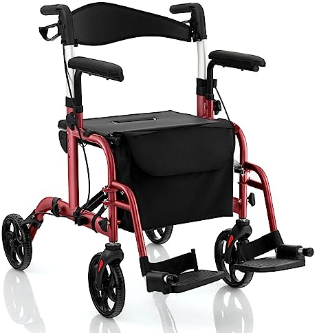 COSTWAY 2 en 1 Andador Plegable para ancianos, caminadores para mayores con Asiento y Respaldo Reversible, Silla de Ruedas con Manija Ajustable, Freno de Mano, Portaparaguas y Bolsa (rojo)