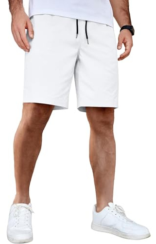 COOFANDY Short d'été décontracté en coton avec cordon de serrage pour homme avec poches, blanc, S