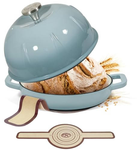 Davivy Forno olandese in ghisa smaltata per pane a lievitazione naturale, pentola olandese con coperchio a cupola, pentola per il pane in ghisa, con fionda per il pane, blu sale marino