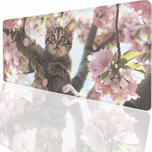 Tapis de Souris Gaming XXL Grand Mousepad 800x300x3mm, Grand Tapis de Bureau sous Main avec Base en Caoutchouc antidérapante pour PC Gamer, Améliore la précision et la Vitesse Fleur Chat LMDT15931