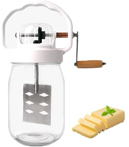 Tarro de mantequilla de vidrio, tarro manual con manivela con mango de madera y engranajes de acero inoxidable para mantequilla casera y hornear
