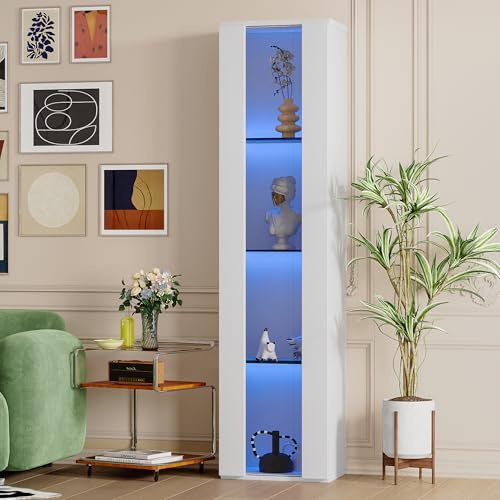BTM Glasvitrine mit LED Beleuchtung Glastrennwand Acrylplatte Wohnzimmer Vitrine Schmal Standvitrine Schwarz 40 cm Breite