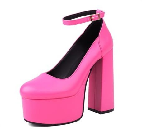 Générique Escarpins À Bout Rond pour Femmes Talon Bloc Plateforme Épais Bride Cheville Tige Lisse Chaussures Confortables pour Fête Et Soirée,Fuchsia,38 EU