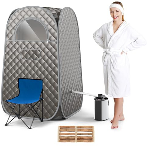 HOMFME Portable Steam Sauna Box, Sauna Tent with 3L Steam Generator, Remote Control, Wood Foot Massager & Foldable Chair, Personal Home Spa for Full Body Relaxation (Grey)