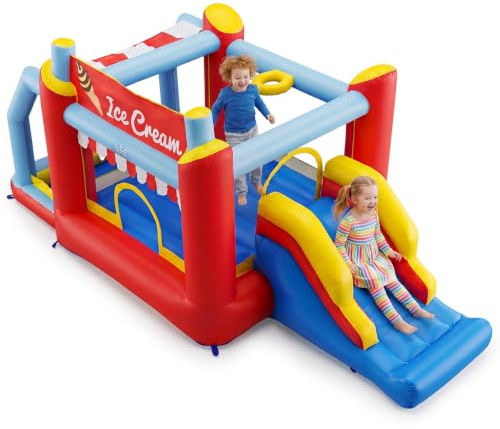 COSTWAY Castillo Hinchable para Niños, Casa de Juegos Inflable con Tobogán, Zona de Rebote, Paredes de Malla, Barandilla, Piscina de Bolas, Bolsa de Transporte, Castillo para 3-12 Años, sin Soplador