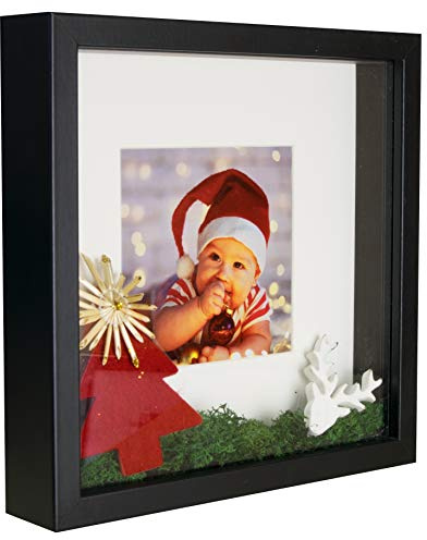 BD ART Box 3D-objektram 23 x 23 bildram med passepartout 13 x 13 cm, kvadratisk svart att fylla, lägre för objekt 3 cm, för vägghängande eller skrivbord