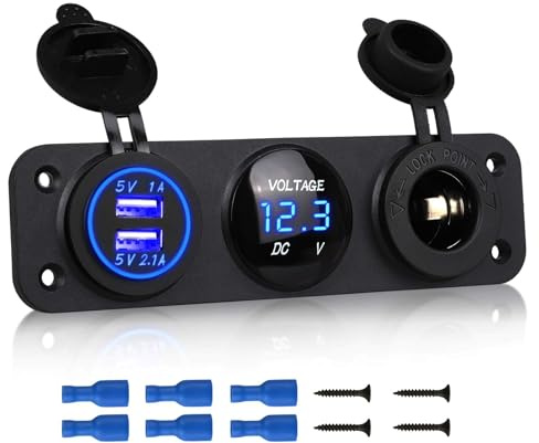 Linkstyle 3 in 1 Charger Socket Panel, 12V Dual USB Car Socket Charger with LED Digital Voltmeter & Cigarette Lighter Socket Splitter Adapter for Truck Car Marine Boat RV