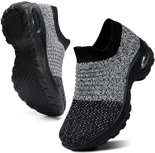 HKR Basket San Lacet Femme Chaussures de Marche Mode et Sport Travail Tennis Confortable Chic Orthopédique Femme Ultra LéGèRe Fitness Campus Slip on Enfiler Sneakers Mix Noir Grey 43