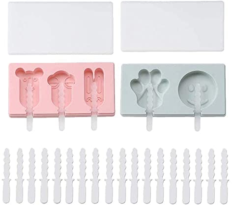 Silicone Ice Cream Moulds with Covers, DIY Ice Lolly Moulds,BPA Free Popsicle Maker with Cute Patterns for Kids（2*Moulds + 28*Sticks）