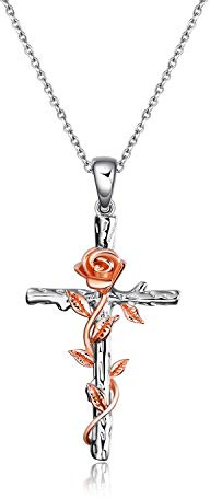 YAFEINI Collana con croce Collana in argento sterling 925 placcato oro rosa con ciondolo croce religiosa con gioielli a forma di fiore di rosa Regali (Placcato oro rosa)