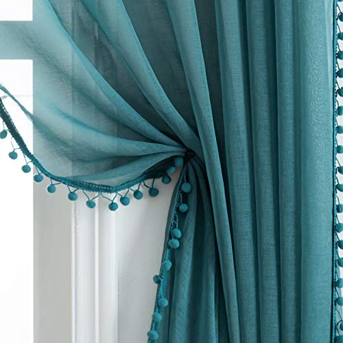 MISS SELECTEX Linen Look Pom Pom Tasseled Sheer Curtains - Rod Pocket Voile Semi-Sheer Curtains for Living and Bedroom, Set of 2 Curtain Panels (52 x 63 inch, Teal)