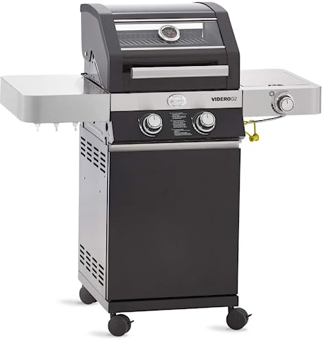 RÖSLE Gasgrill BBQ-Station VIDERO G2 Schwarz, Grill mit 2 Edelstahlbrennern und extra Seitenbrenner, klappbare Seitentische, pulverbeschichteter Stahl