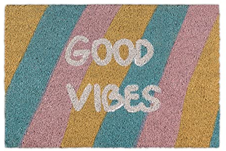 Relaxdays Fußmatte Kokos, Türvorleger Good Vibes, gestreift, rutschfest, Kokosfußmatte innen & außen, 40x60 cm, bunt