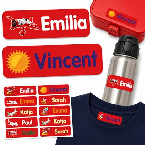 Indigos UG - Namensaufkleber Kinder Schule - 35–105 Sticker 35x10mm - Fliegen rot - Kindergarten - mit Wunschtext personalisierbar - wasserfeste Wäscheetiketten selbstklebend