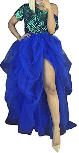 Women's Tulle Maxi Skirt Floor Length Layered High Waist Split Skirt A-Line Puffy Mesh Tutu Skirt for Wedding Party (Blue, One Size)