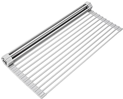 Surpahs 20.5 x 15.5 Inch Roll-Up Dish Drying Rack, Fits Across Sink Openings up to 19.5 Inches, Heavy-Duty Premium Silicone, Strong Support, Non-Slip, Heat-Resistant, Warm Gray