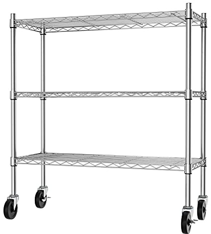 Auslar 3-Shelf Storage Shelves with Casters Heavy Duty 3-Tier Rolling Cart Utility Racks Adjustable Wire Metal Storage Shelving, Chrome
