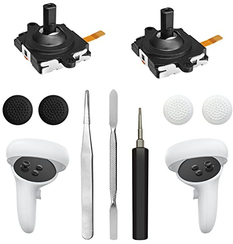 Joystick Replacement Kit for Oculus Quest 2/3 Controller, Repair Kit for Meta Quest 2/3 Controller, Include 2 Joysticks, T5 Screwdriver, Tweezer, Pry Tool, 4 Thumbstick Grips (Black-11-in one)