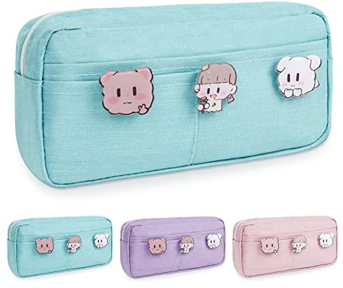 Vicloon Estuches con 3 Compartimientos, Estuches de Lápices de Gran Capacidad, con 3 Insignias, Estuche Escolar Estuches de Lápices para Niña, Niños, Adolescentes, Estudiantes (Azul)