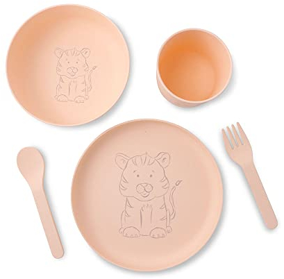 BIOZOYG Kinder-Geschirrset 5tlg Biokunststoff I Frühstücksset spülmaschinengeeignet I Teller-Schüssel-Tasse-Löffel-Gabel I Geschenkideen für Kinder I lustiges Kindergeschirr mit Tiermotiv Tiger