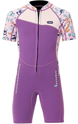 Kinder Neoprenanzug Mädchen Jungen Kurzarm Wäremehaltung UV-Schutz 2.5mm Neopren Tauchanzug Einteiliger kurzärmelig Badeanzug Reißverschluss warm Wetsuit Wassersport Lila M