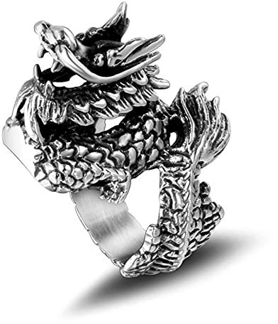 BCughia Vorsteckring Silber, Herren Ringe Classic Titan Stahl Chinesischer Drachenring Breit 26,9 mm Versprechen Eheringe Geschenke Größe 60 (19.1)