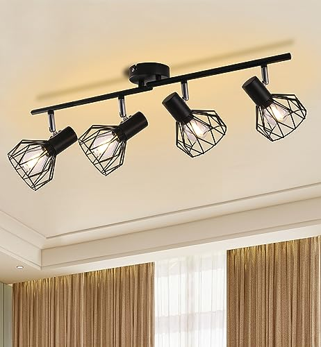 Mchoter Spot Light Fittings for Ceilings 4 Way Adjustable Metal Wire Cage Rotatable Spotlight E14 Base Black Ceiling Lights for Kitchen Bedroom Living Room (No Bulbs)