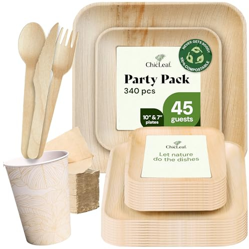 Chic Leaf Compostable Palm Leaf Plates & Cups Set - 10 In & 7 In Pack of 45, Natural - Biodegradable Tableware & Disposable Plates, Cups & Utensils, Summer Brunch Rustic Charm Table Setting