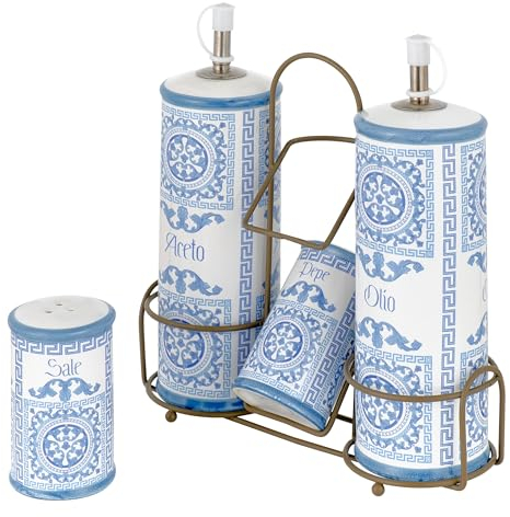 Baroni Home Menage Olio Aceto Sale Pepe in Ceramica con Stand in Metallo, Accessorio da Cucina Colorato Resistente, Linea Maioliche Blu, 21X8X22cm