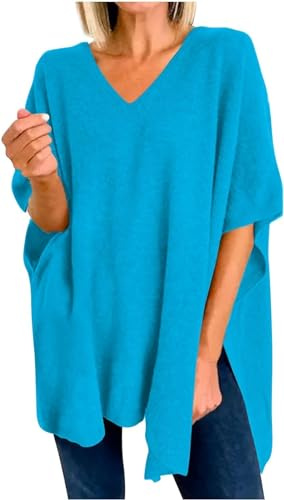 Maglione poncho da donna elegante scollo a V manica corta spacco laterale maglioni pullover casual sciolto tinta unita top in maglia a trecce (Color : Blue, Size : S)
