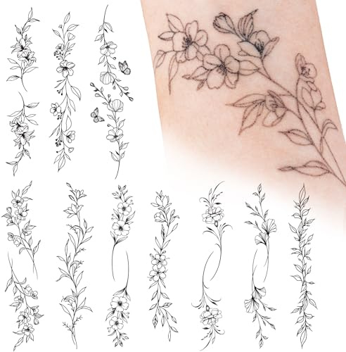 10 Blätter Fake Tattoos Blumen Schwarz Temporäre Klebetattoos Erwachsene Wasserdicht Tattoo Mädchen Arm Tattoo Klebe Aufkleber Tatoos zum Aufkleben Frauen Damen Kinder Männer