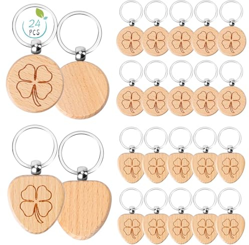 Dadabig 24 Stücke Schlüsselanhänger aus Holz Glücksbringer Holzanhänger mit Kleeblatt Schlüssel Anhänger als Geschenk