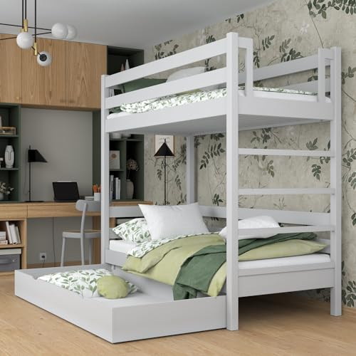 N-wood N03 Etagenbett mit Schublade 90x200 cm, Kinderbett Holz 100%, 2 Leitermontageseiten: Links oder rechts, sichere abgerundete Kanten, Hochwertige und umweltfreundliche Lacke, Grau