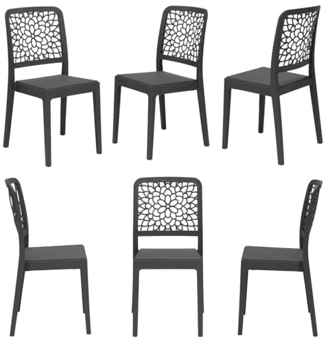 Set 6 sedie in polipropilene TICHE, MADE IN ITALY, impilabile, idrorepellente, resistenza raggi UV, design moderno floreale per sala da pranzo, cucina, bar, ristoranti, esterno (6, Antracite)