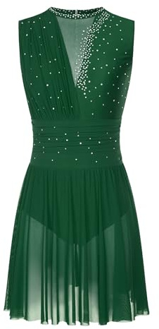 Oyolan Femme Robe Patinage Artistique Justaucorps Gymnastique Danse Strass sans Manches Tenue Danse Contemporaine A Vert S