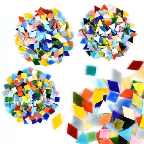 HUMOKI 600 Stück Glasmosaikfliesen, Mosaiksteine 500g, Mosaiksteine zum Basteln, Quadrat Dreieck Rhombus Glasmosaiksteine, DIY Mosaikherstellung Basteln, Bunte Mosaik Steine, für DIY Basteln, Deko