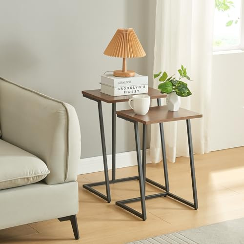 [en.casa] Lot de 2 Tables Basses Gigognes Ensemble de 2 Tables d'Appoint Set de 2 Bouts de Canapé de Tailles Différentes Acier Panneau de Particules Noir Effet Noyer