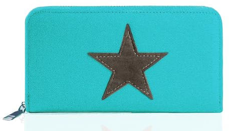 Gloop Damen Geldbörse mit Stern Muster, Türkis, Unisex, 60% Cotton 40% Polyester, 14 Fächer, 19.5 cm x 10 cm x 2.5 cm, Reißverschluss, Sterne