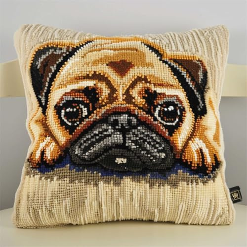 RKFLGEW DIY knüpfen set anfänger Mops Tier knüpfkissen mit vordruck Haustier Hund DIY Haken Häkeln Garn Nadel Handwerk einfache handgemachte Kissen für Home Sofa Dekoration 43x43cm