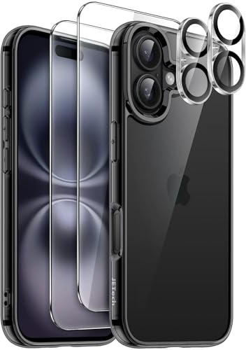 JETech 5-in-1 Hülle für iPhone 16, Anti-Vergilbung, Schwarz | 2 Gehärtete Glas Schutzfolien, 2 Kameraschutz Folien, Stoßfest Handyhülle
