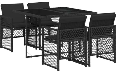 vidaXL 5-TLG. Garten-Essgruppe mit Kissen Schwarz Poly Rattan