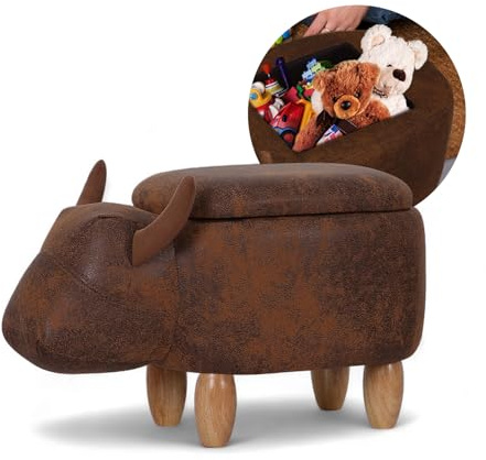 Suleno Stier Tierhocker mit Stauraum, Niedlicher Organizer & Sitzbox, 37 cm | für Kinder, weicher Bezug in Lederoptik, Holzbeine, dekorative Möbel für Kinderzimmer 60 x 33 x