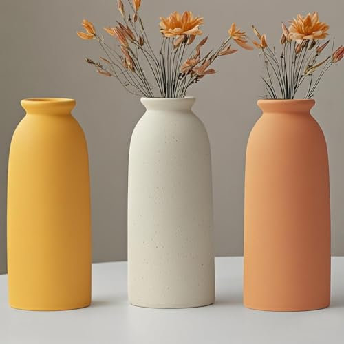 Keramikvasen-Set, 3 kleine dekorative Vasen für Blumen und Pampasgras, modern, Boho-Bauernhaus-Stil (Orangen Mischung)