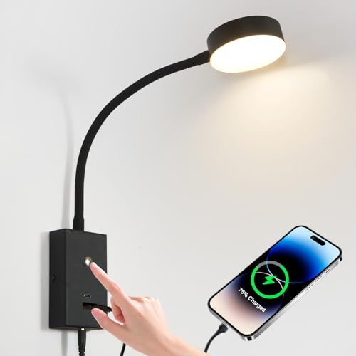 NOVCAND LED Wall Mounted Reading Light for Bed, Flexible Gooseneck Book Light for Wall Bedside Lamp with USB-A/C Output,Touch Control 5 Dimmable Headboard Bed Lights