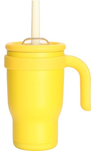 Pauzema Thermobecher mit Strohhalm Kinder, 420ml Trinkbecher mit 3 in 1 Deckel und Griff für Kinder, 100% Auslaufsicher, Hält 18h Kalt & 8h Heiiss - Gelb