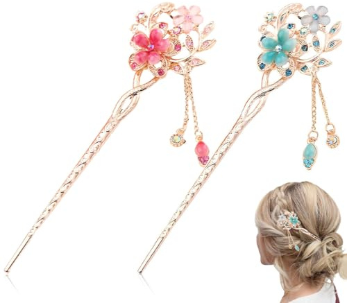HAMKU 2 Pcs Vintage Haar Stick Opal Blume Haar Stäbchen Haar Dekor chinesische Haarnadeln alten Haarspange alten hairpin-Rot, Haarstab(Rot + Blau)